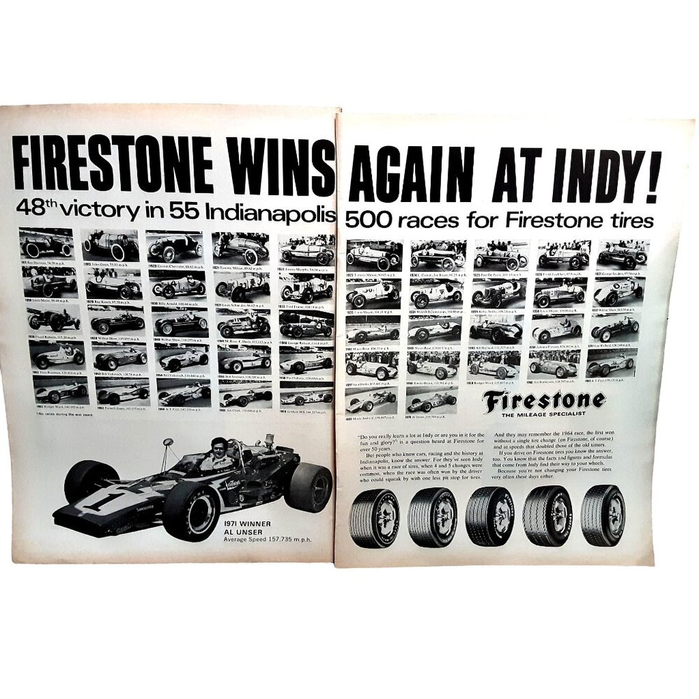 1971 Firestone Al Unser Wins Again At Indy 500 Racing Original Print Ad vintage